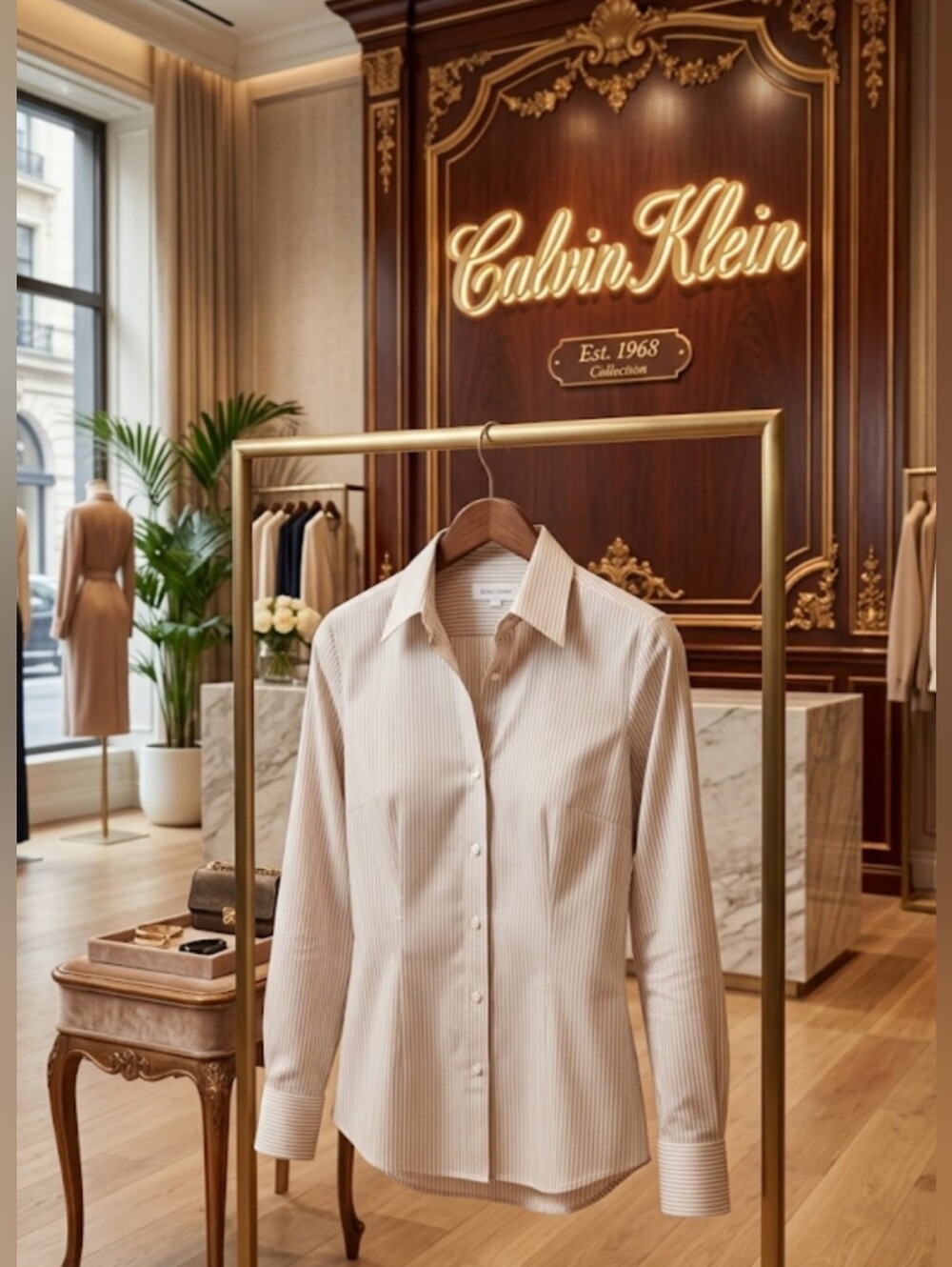 NWOT Calvin Klein Women's Beige Striped Button-Up Shirt